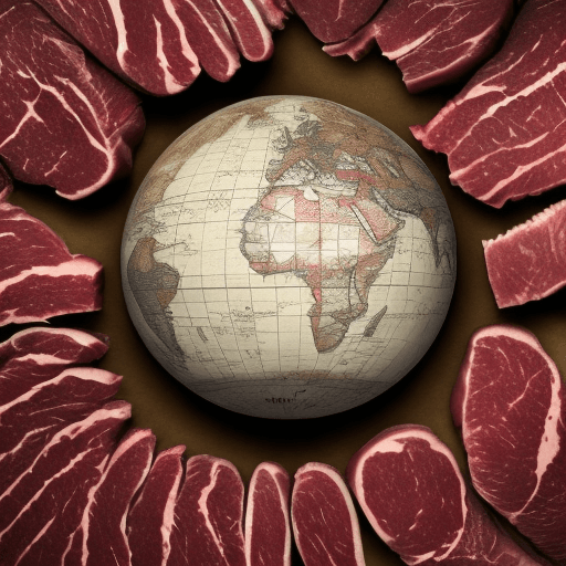AI generated: globe made up of steak meat. the realistic boundaries of the continents are the veins of the meat