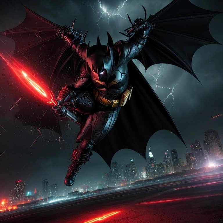 AI generated: Demonic Batman with dark aura around, agressively spinning around in circle with his claws creating ...
