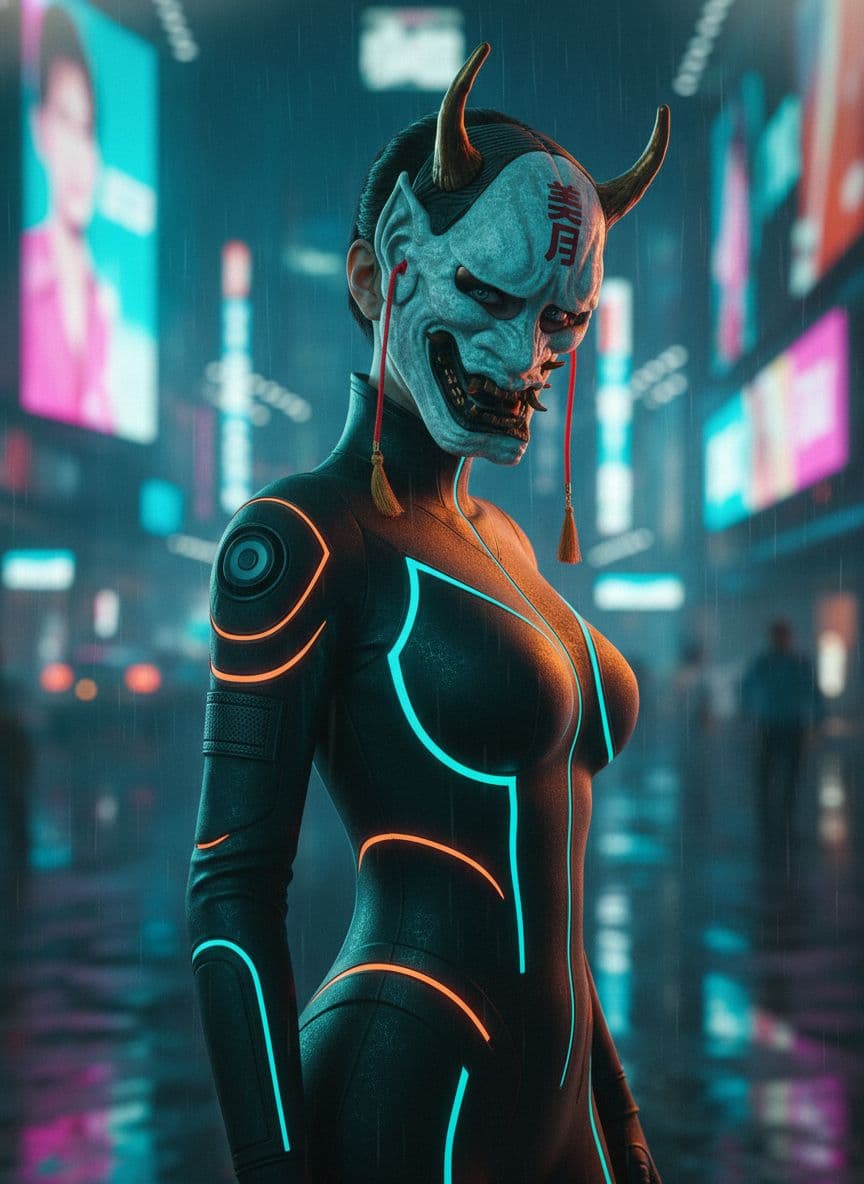 AI generated: Cyberpunk Tokyo night, confident woman in a sleek techwear bodysuit wearing a futuristic oni mask (w...