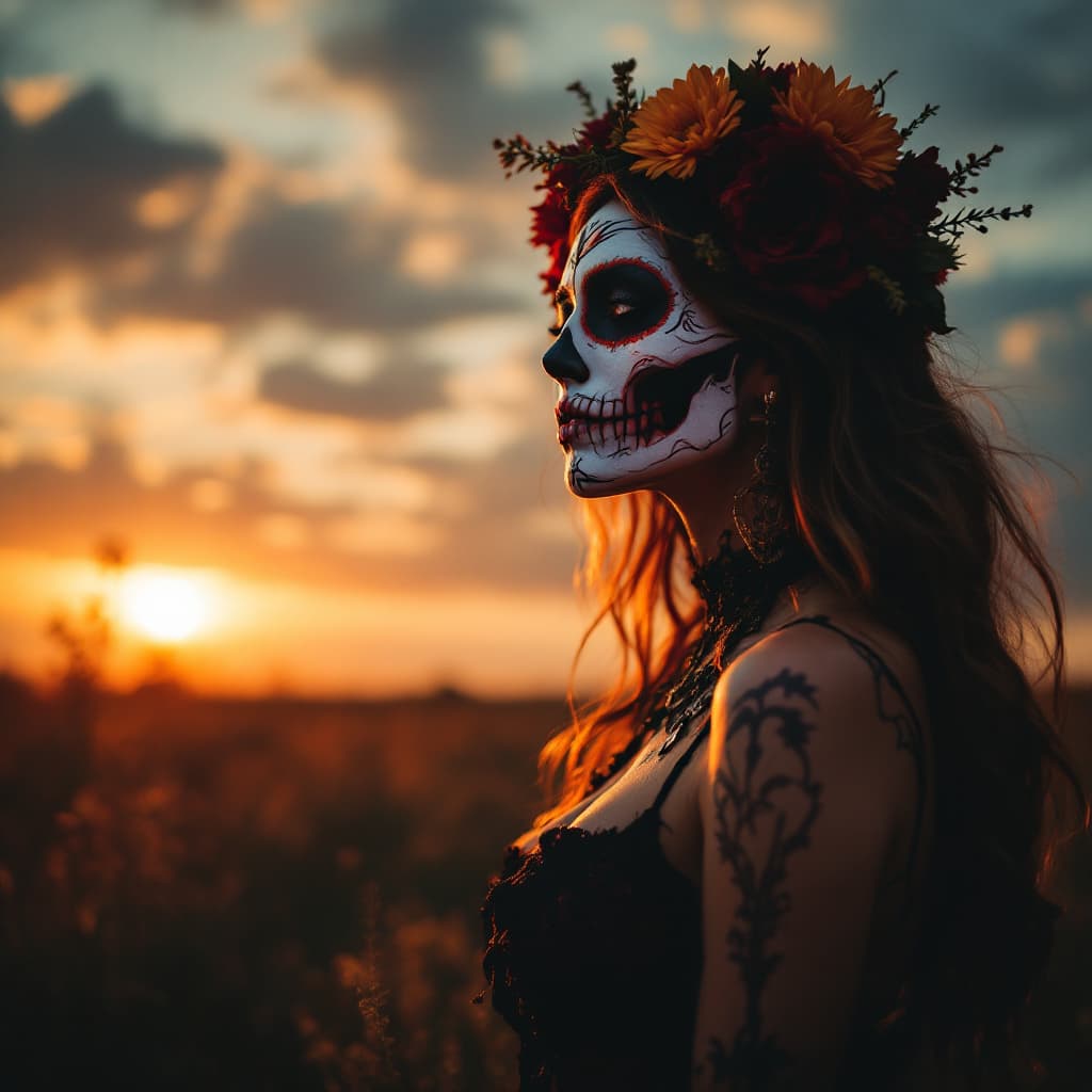 AI generated: day of the dead woman, golden hour lighting
