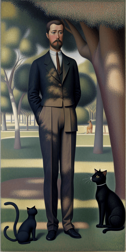 AI generated: Full height front view Portrait of Seurat standing near a tree and looking at the cat sitting near h...