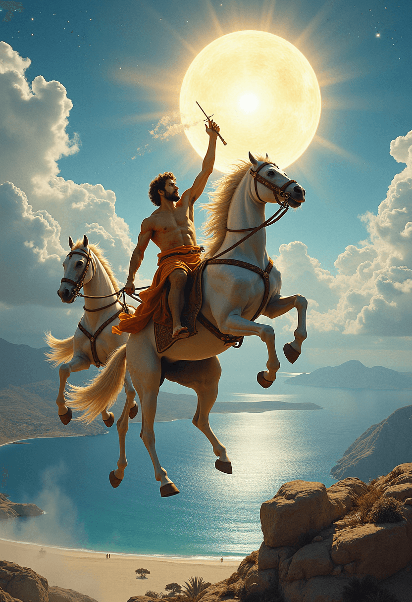 AI generated: Apollo, god of the sun, rides his chariot across the sky at mid-day over a Greek island landscape. T...