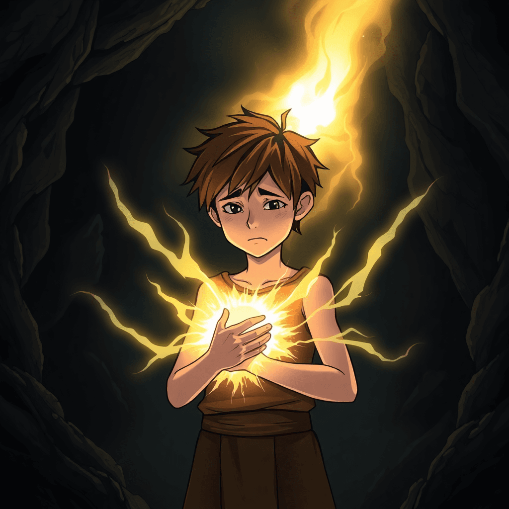 AI generated: Create an emotional and powerful scene in a dark cave where a 12-year-old hero with brown hair stand...