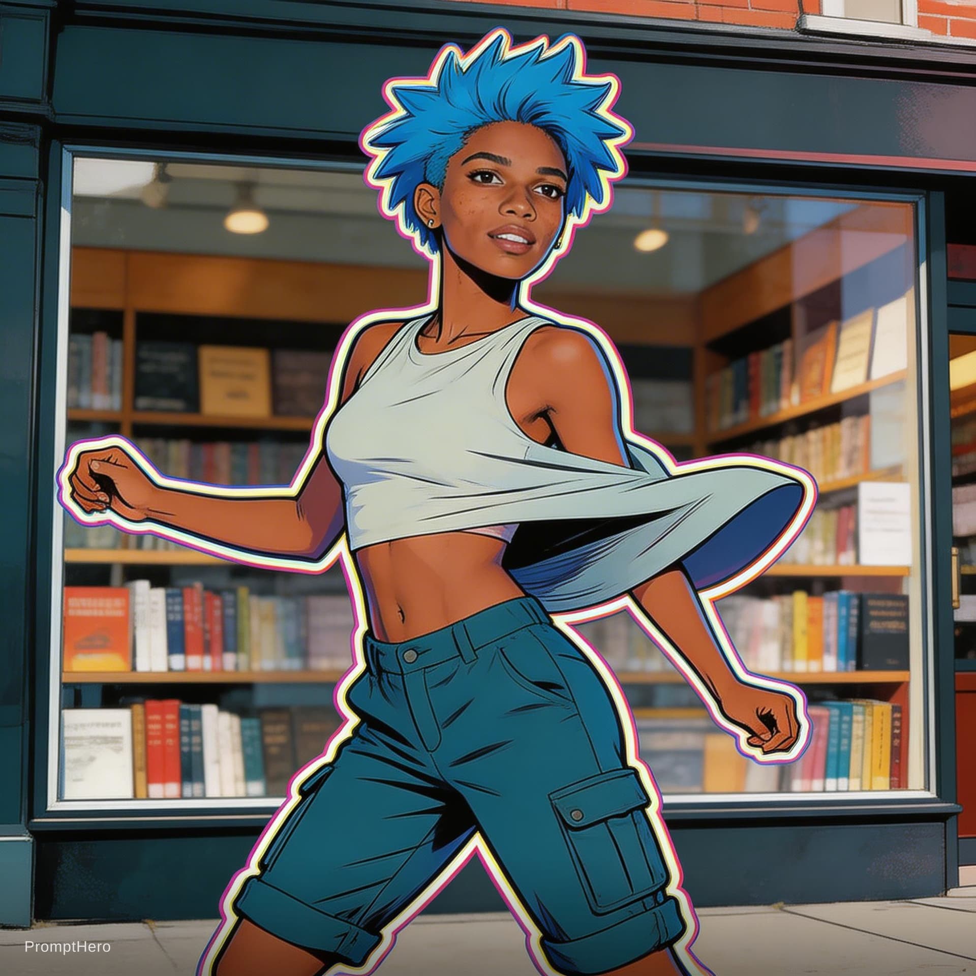 AI generated: Akan-Chokwe female playful dancer 24-year-old with short spiky cerulean hair, asymmetric crop top, c...