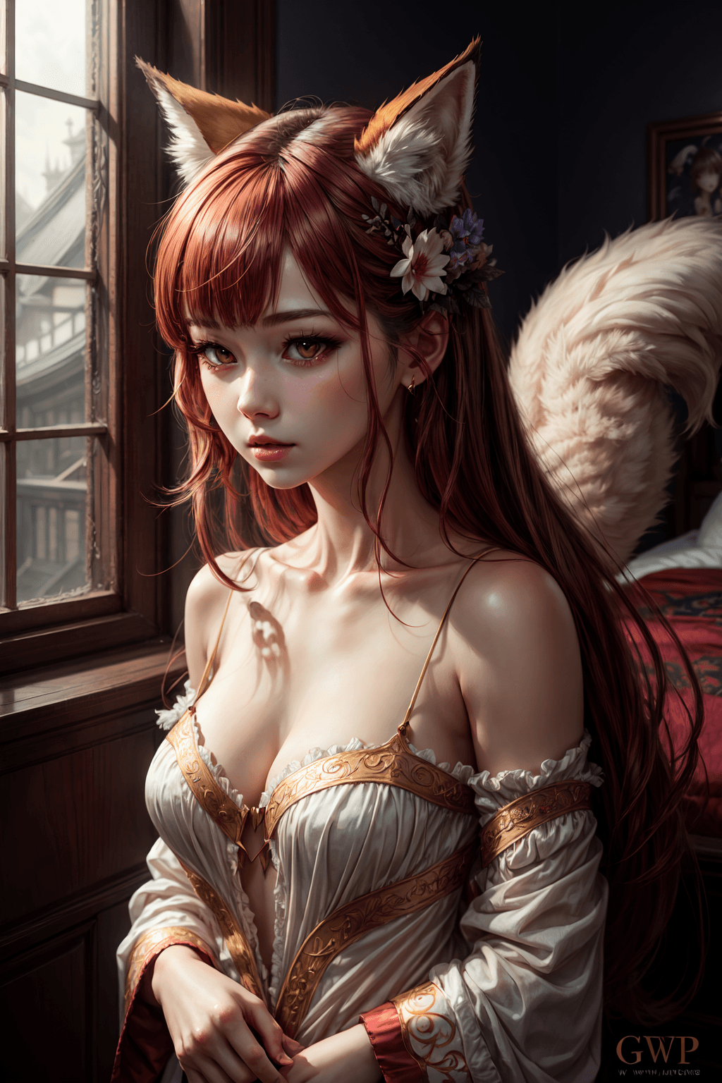 AI generated: fluffy nine-tailed fox girl by Wlop and Guweiz, Hyper-realistic, photography, real, professional, 8k...