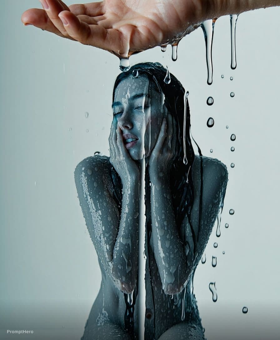 AI generated: Create realistic skin texture and water drops on the skin. Swap the face of first person with refere...
