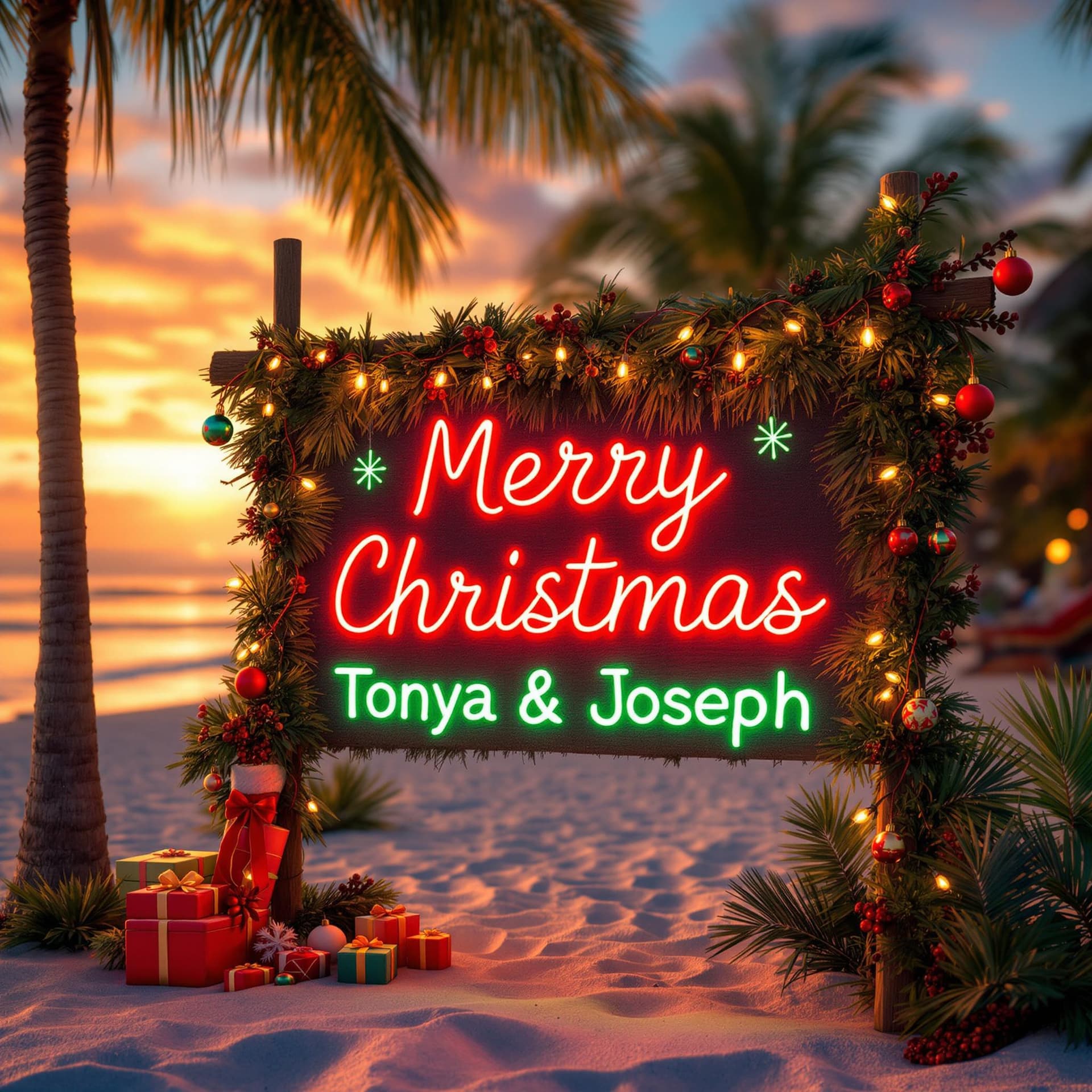 AI generated: Beachy holiday scene, lots of Christmas decorations, thatched sign made of palm fronds, red and gree...