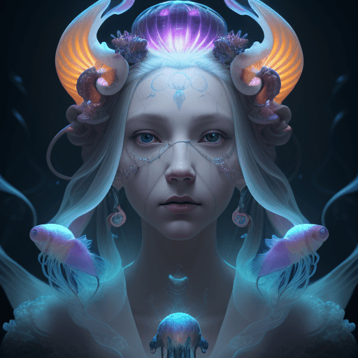AI generated: Goddess close-up portrait ribcagel. jellyfish phoenix head, nautilus, orchid, skull, betta fish, bio...