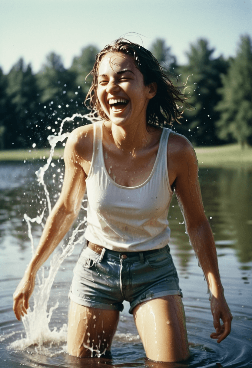 AI generated: This is a candid, full body, analog film photograph of a woman playing splashing water in a lake, la...