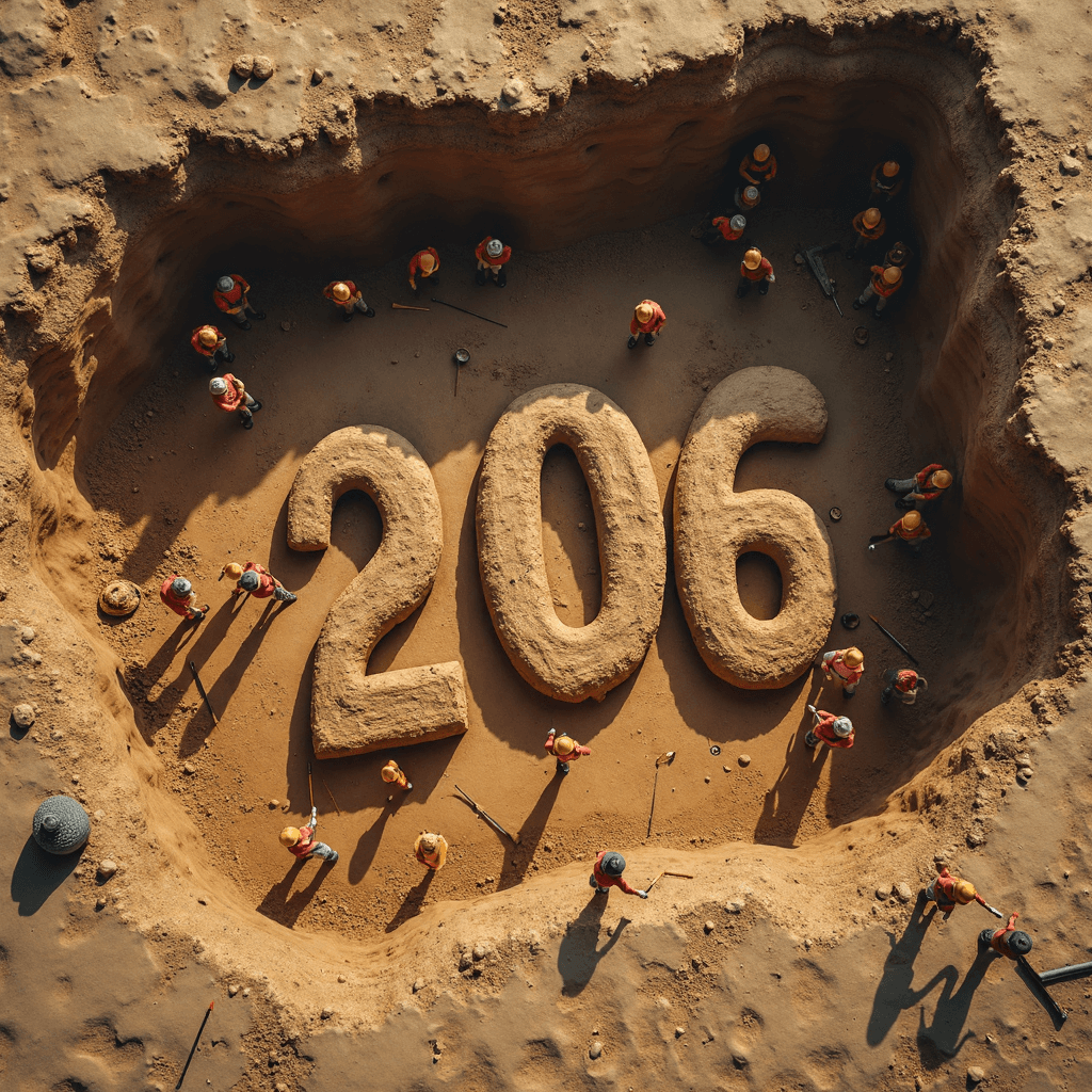 AI generated: An aerial view of an archaeological dig reveals archaeologists gently brushing away dust to uncover ...