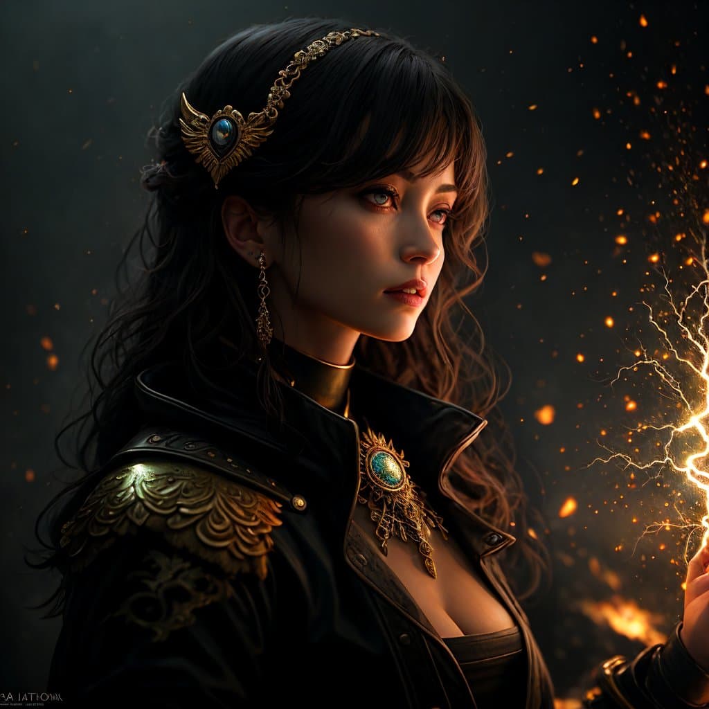 AI generated: georgeous female dressed like Olga Kurylenko, performing as mysterious sorceress of love, casting li...