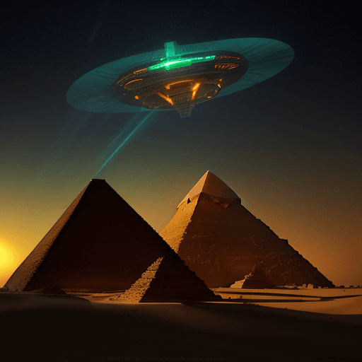 AI generated: "A highly realistic scene of alien spacecraft hovering above the Egyptian pyramids during a dramatic...