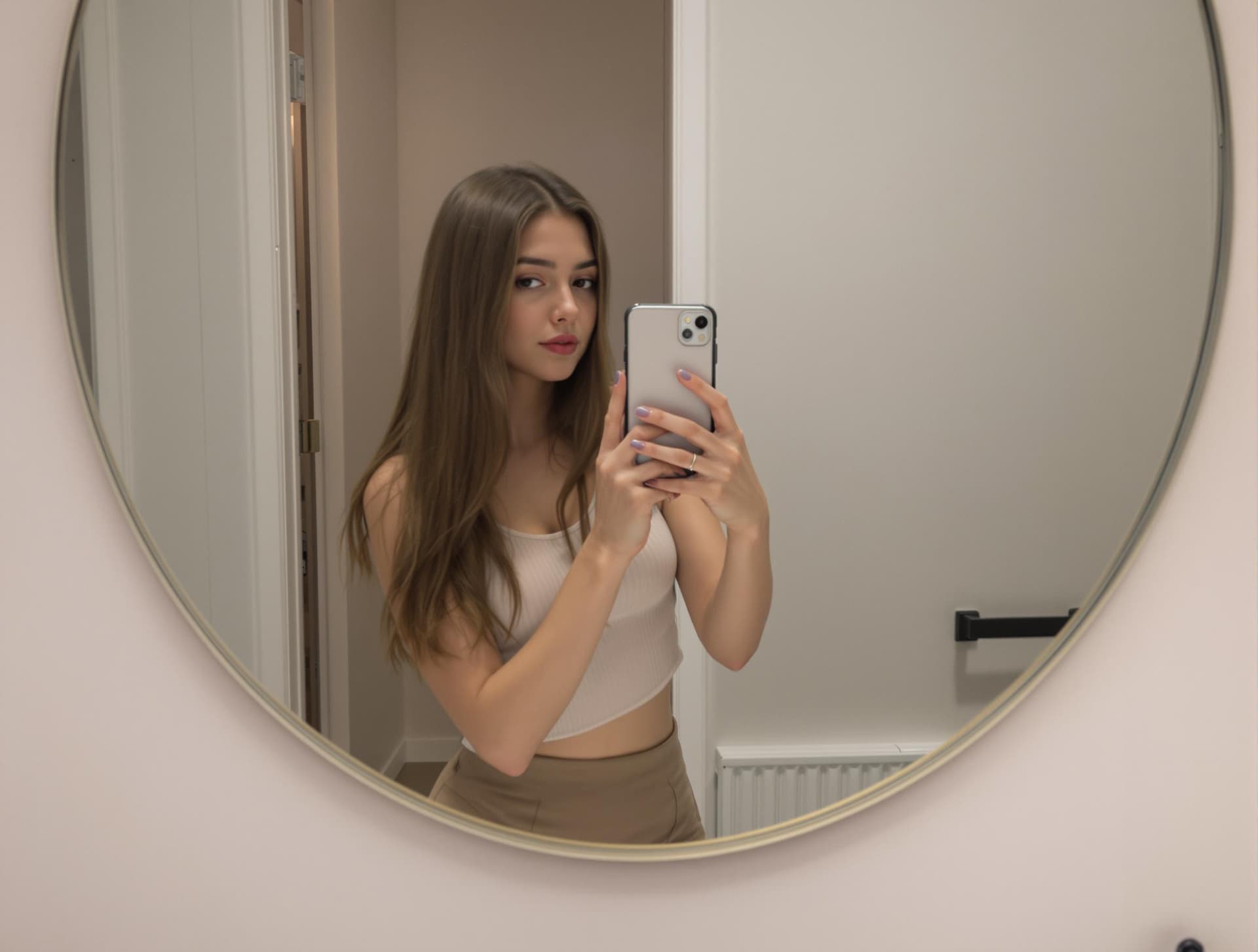 AI generated: the girl takes a photo with her phone of herself in the mirror, she has 24 years old, has straight b...