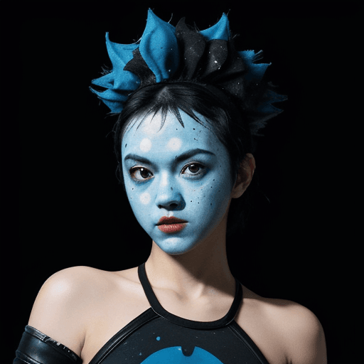 AI generated: black background, a splatter blue round face icon in, in the style of toonami, bold black outlines, ...