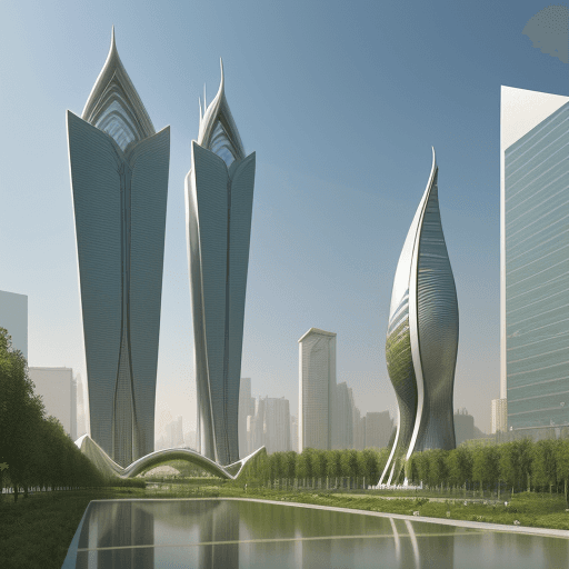 AI generated: High realistic twin tower, Tajikstan, green centeral garden,flame movement, BIG, Zaha Hadid, Norman ...