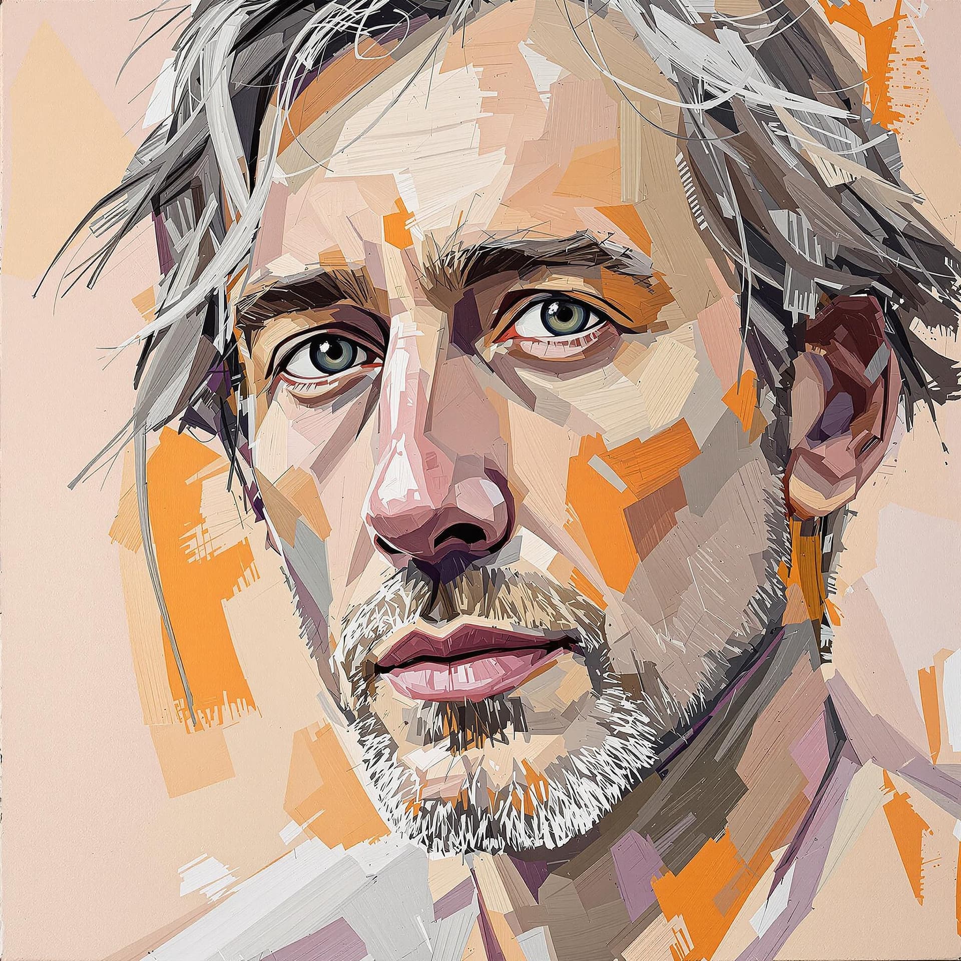 AI generated: abstract portrait of a man with an emphasis on thick, impasto-style brushstrokes and a rich, tactile...
