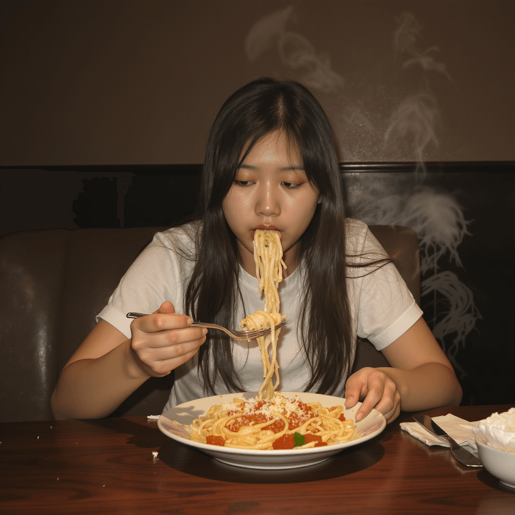 AI generated: A photo of an asian girl with long hair, wearing a white t-shirt. Eating pasta on a low lighted rest...