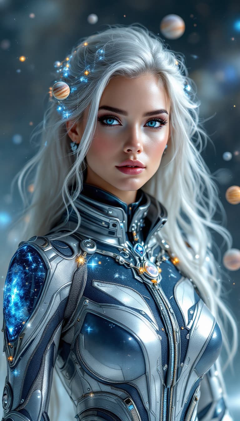 AI generated: An ultra-realistic, full-body portrait of a captivating cosmic voyager woman, radiating celestial po...