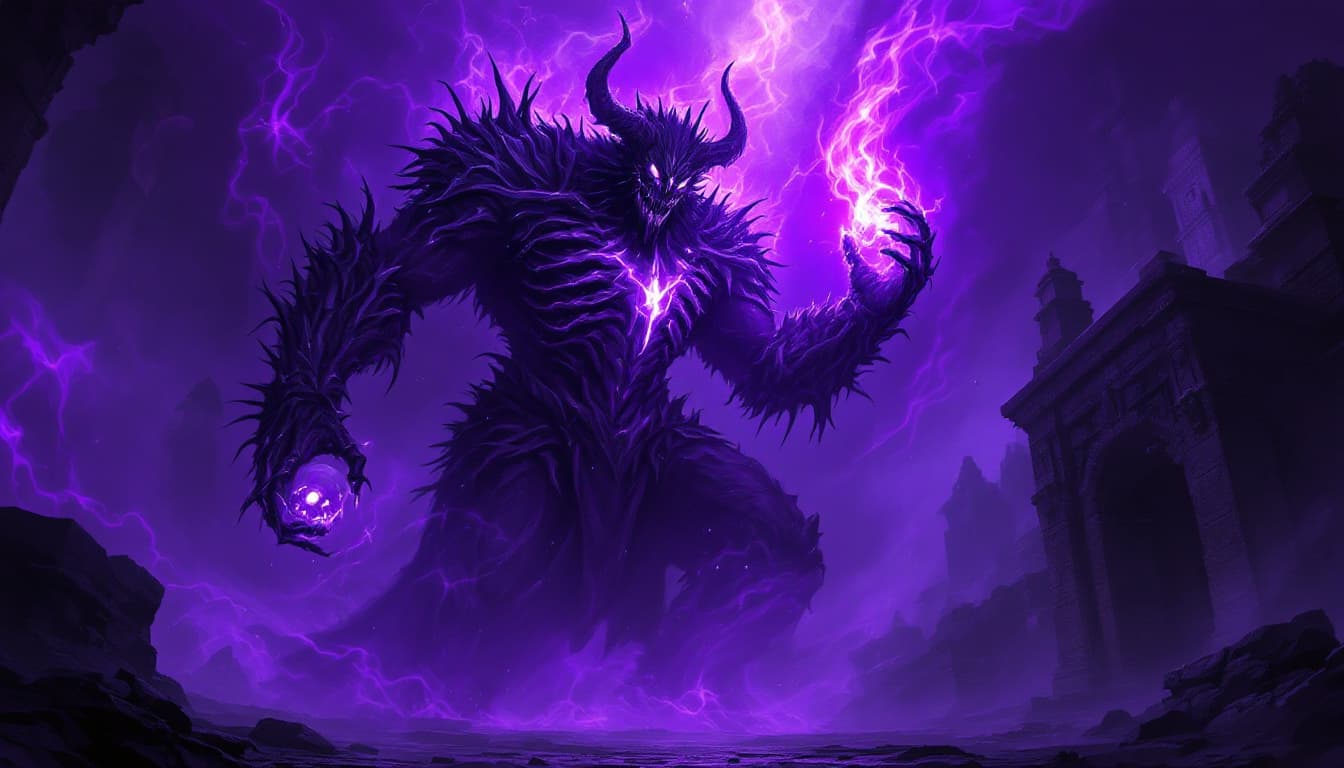AI generated: In a shadowy, otherworldly realm, a towering figure emerges, shrouded in swirling purple mist that b...