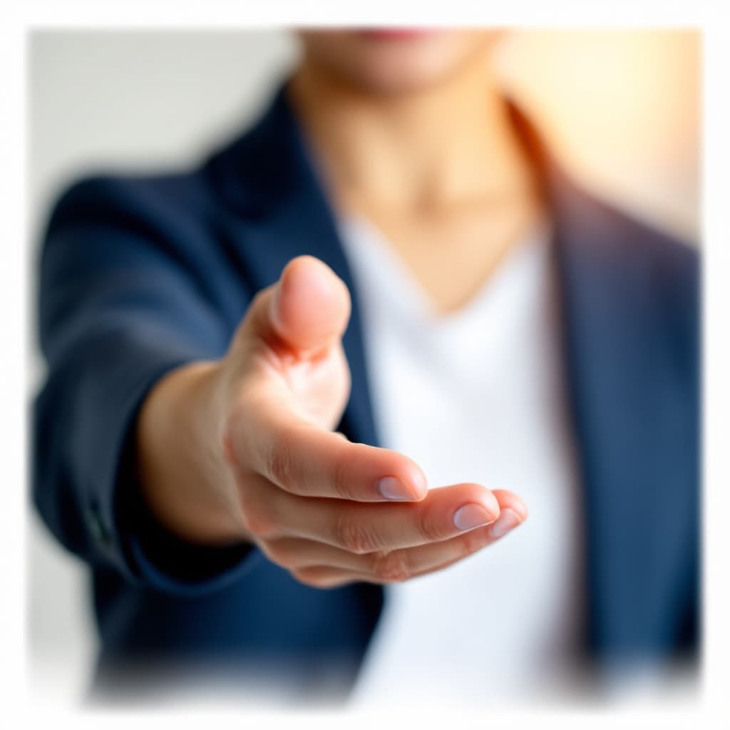 AI generated: A faceless figure extends their hand toward the camera for a handshake, fingers poised and inviting....