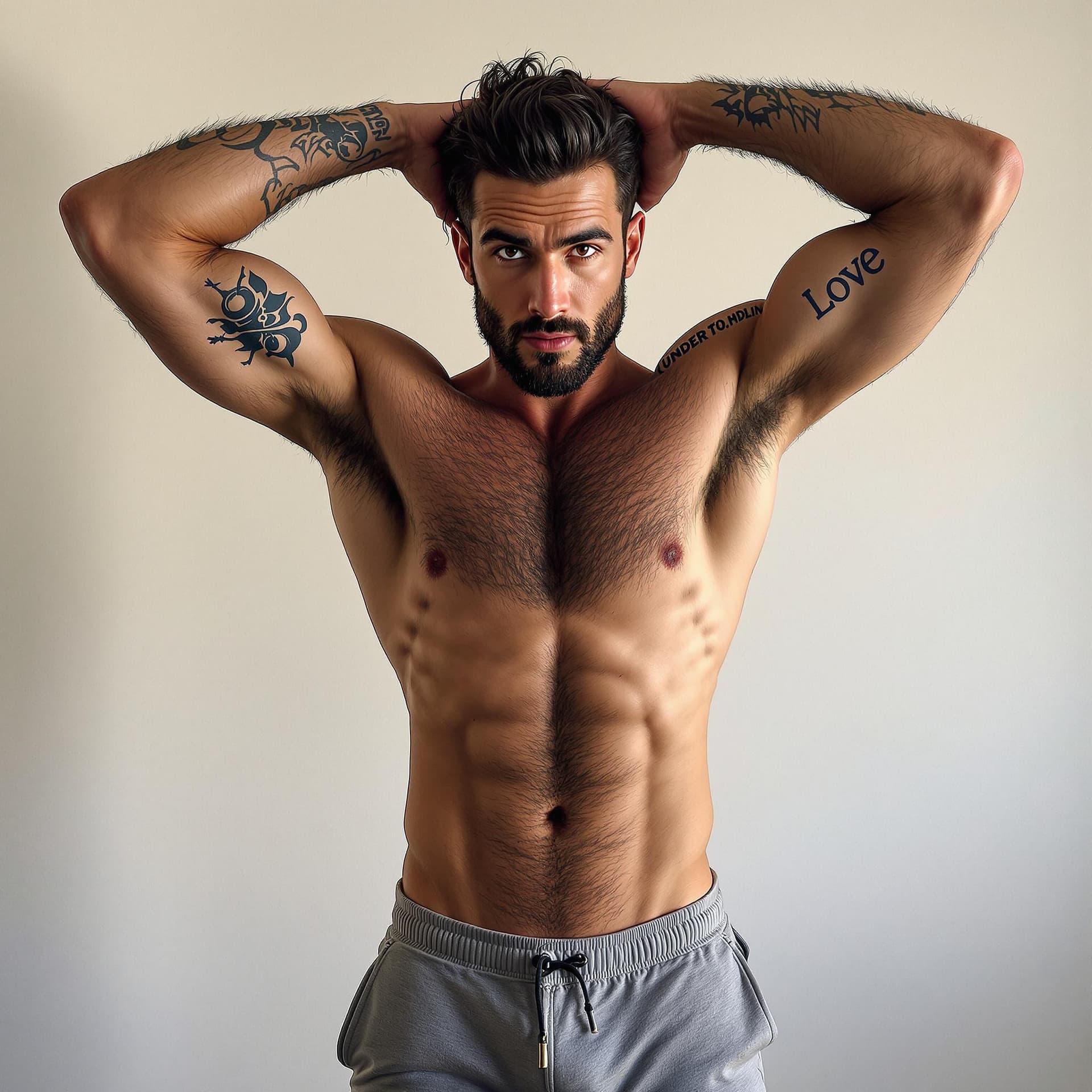 AI generated: Photo of an attractive Italian man with dark hair, incredibly hairy chest, arms raised, under arm pi...