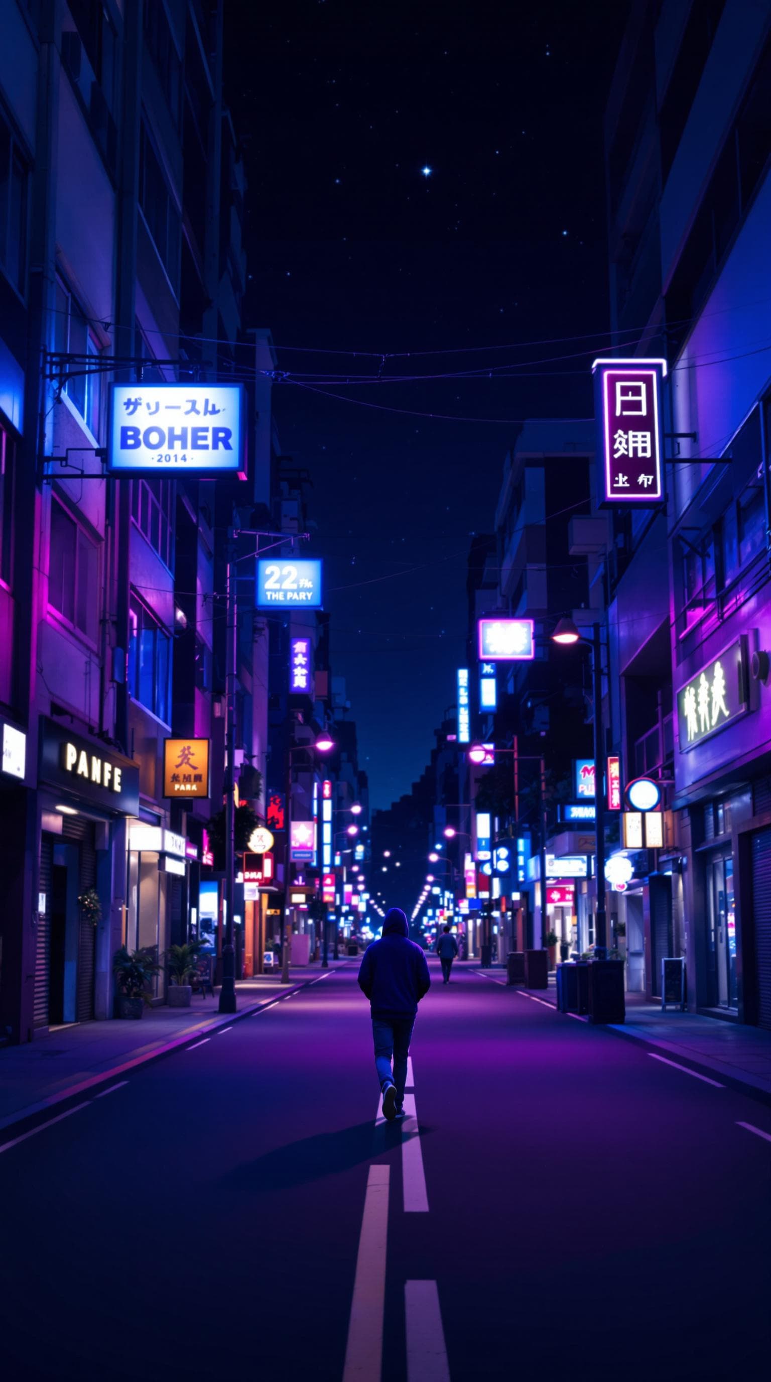 AI generated: An empty city street at night, bathed in soft neon lights in blues and pinks. A lone figure in a hoo...