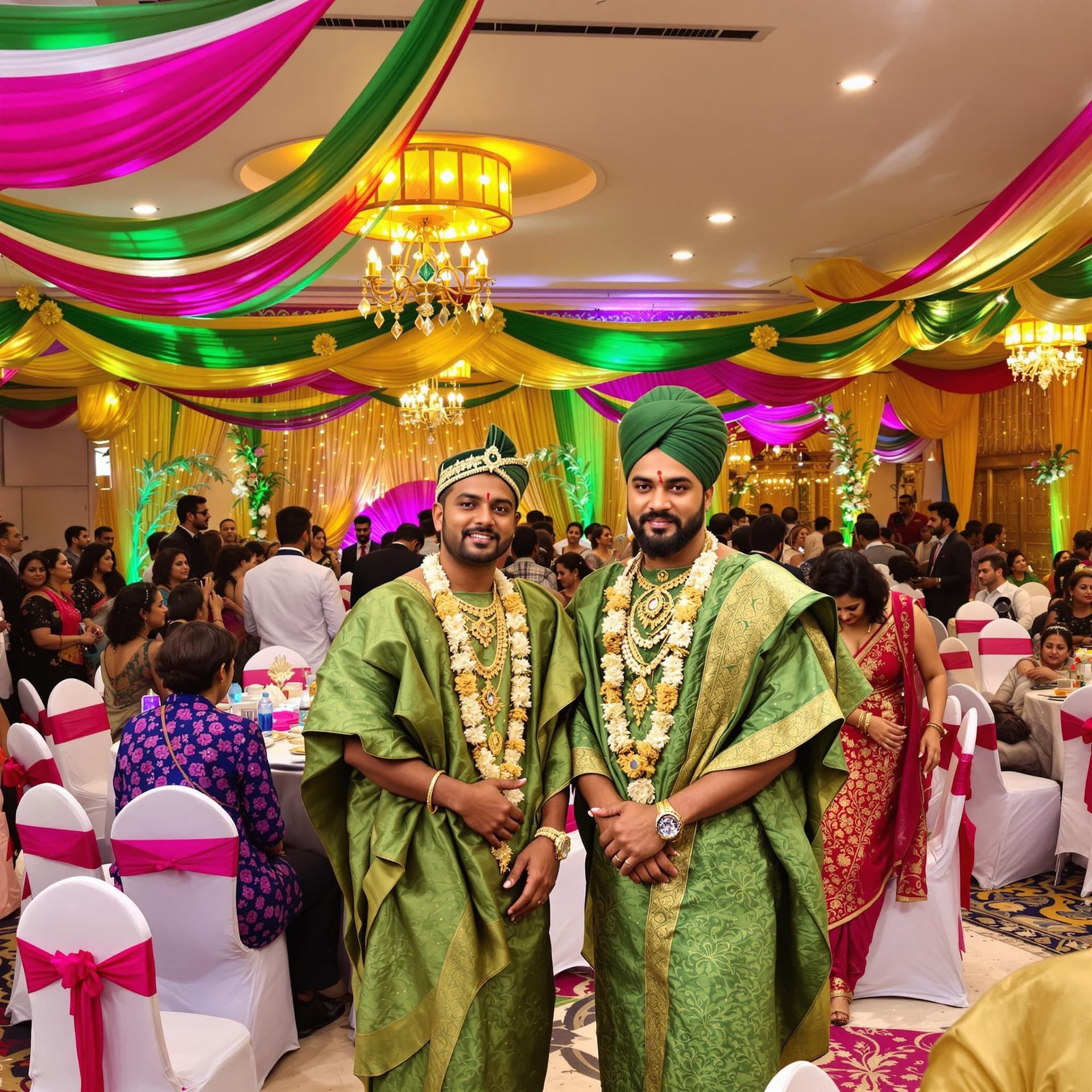 AI generated: A gold, green and magenta colour wedding reception with many guests in attendance and the bridegroom...