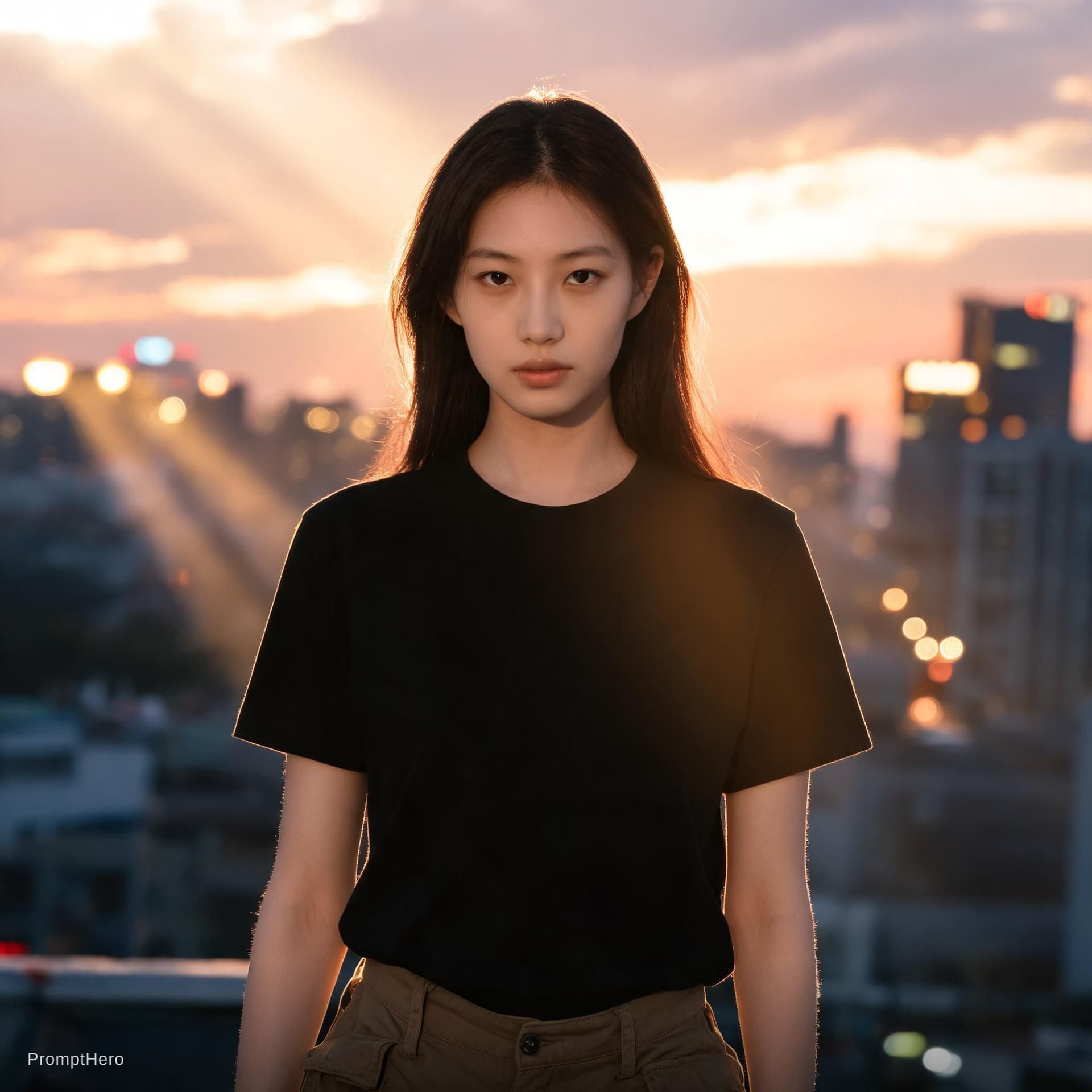 AI generated: photography, front view, dynamic range, female model, upper-body, black T-shirt, dark khaki cargo pa...
