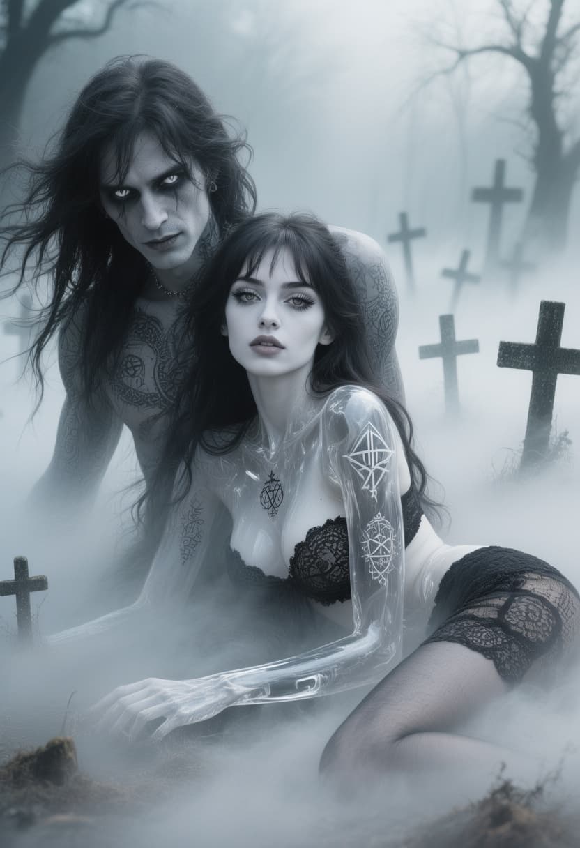 AI generated: create a gloomy scene of a gorgeous girl laying on a foggy white ground in her lace black underwear,...