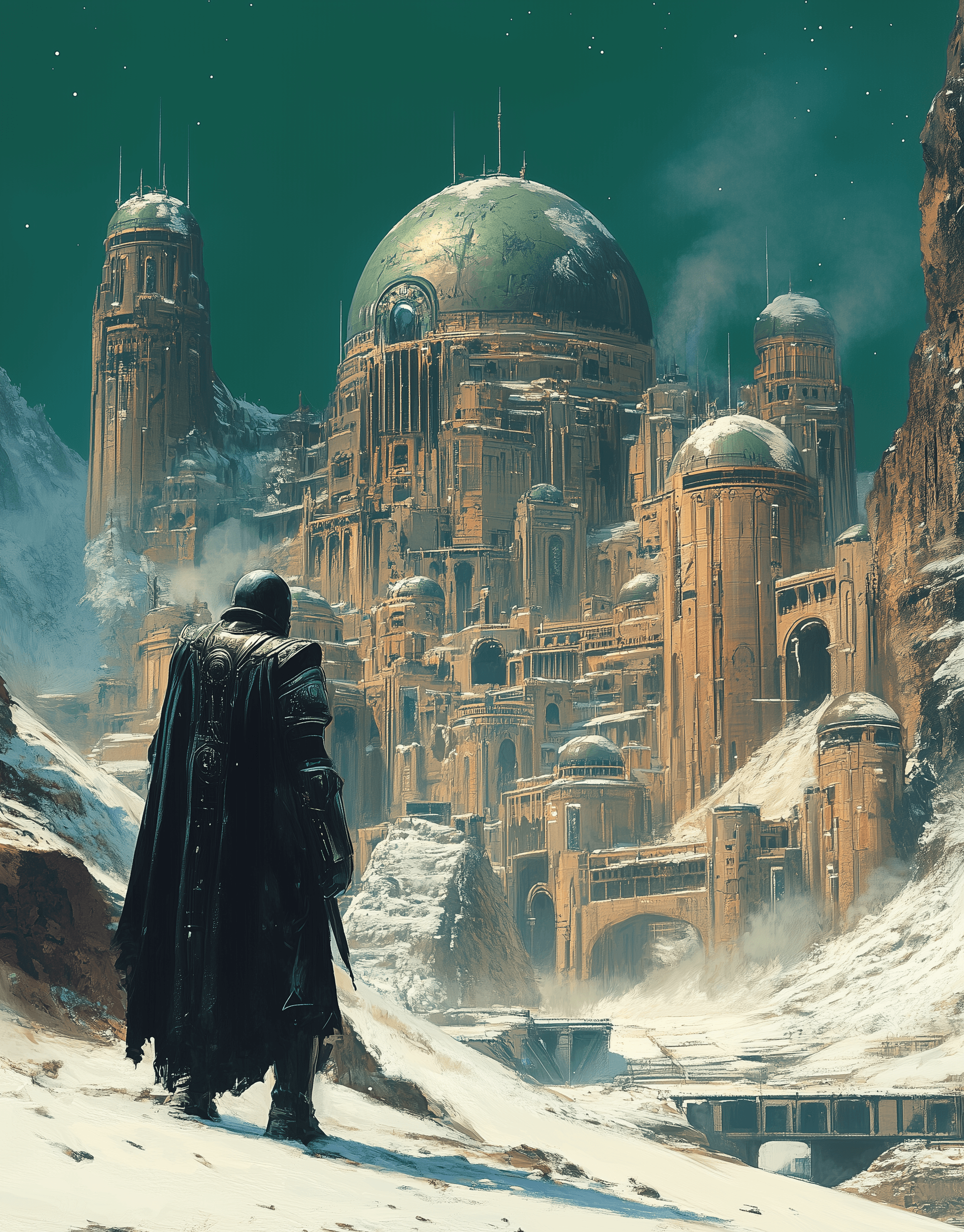 AI generated: A post-apocalyptic space marauder in front of an alien spaceship that is shaped like the City Yoshin...