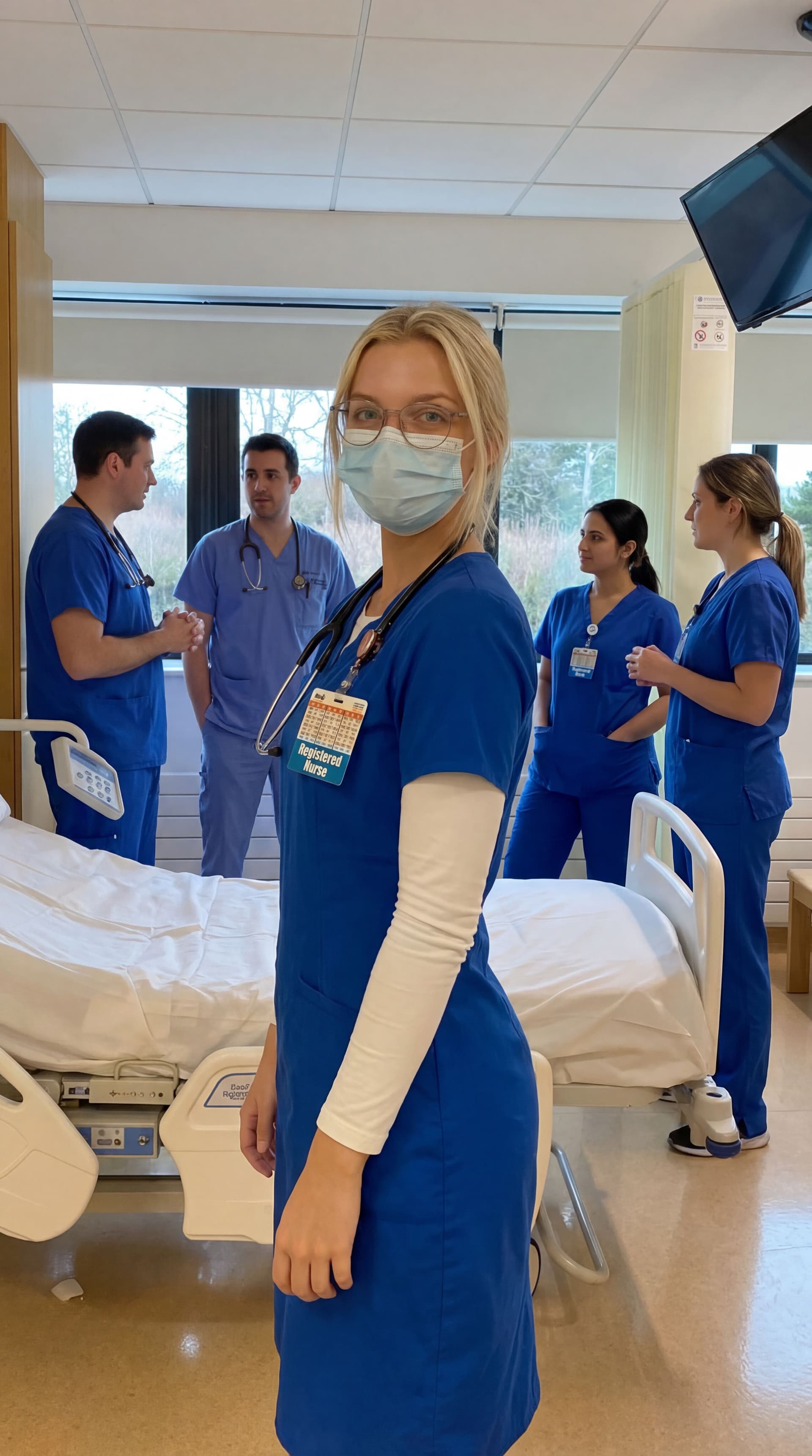 AI generated: She is wearing a typical nurse blue dress standing in a this room with her fellow doctors and nurses...