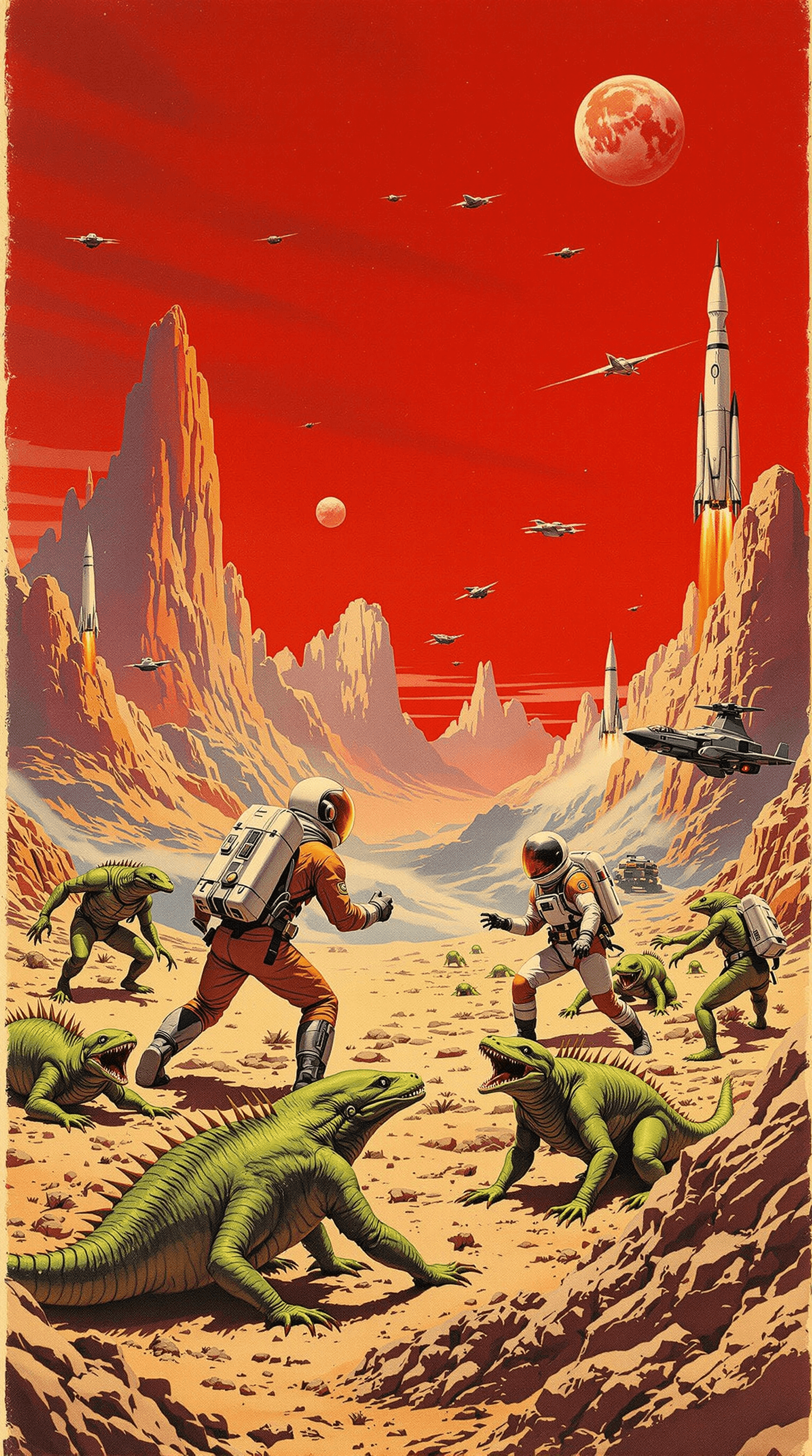AI generated: A vintage pulp cover of an alien planet with two astronauts in space suits fighting green lizard peo...