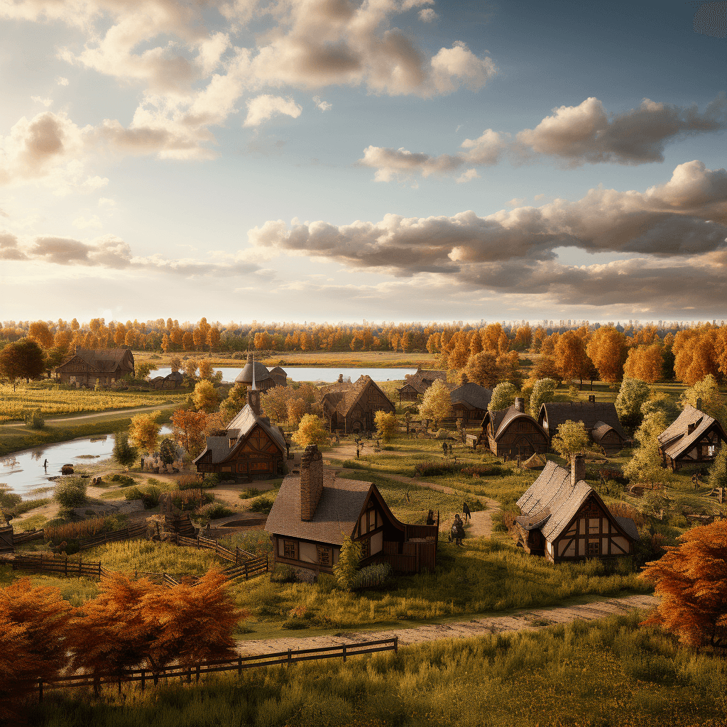 AI generated: Photo realistic medival village, on the edge of a cut corn field at sunset. Forest of trees in backg...