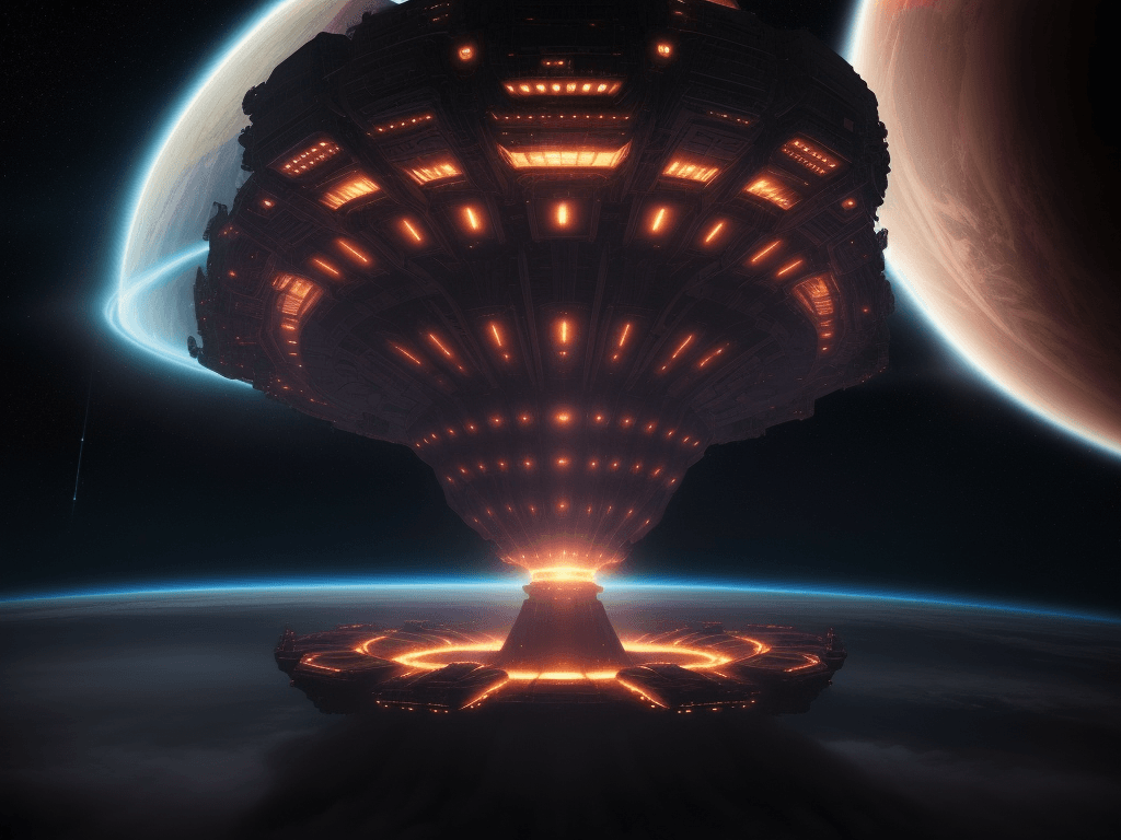 AI generated: Sublime epic cinematic view. The most giant complex mothership spaceship, with flickering warning li...