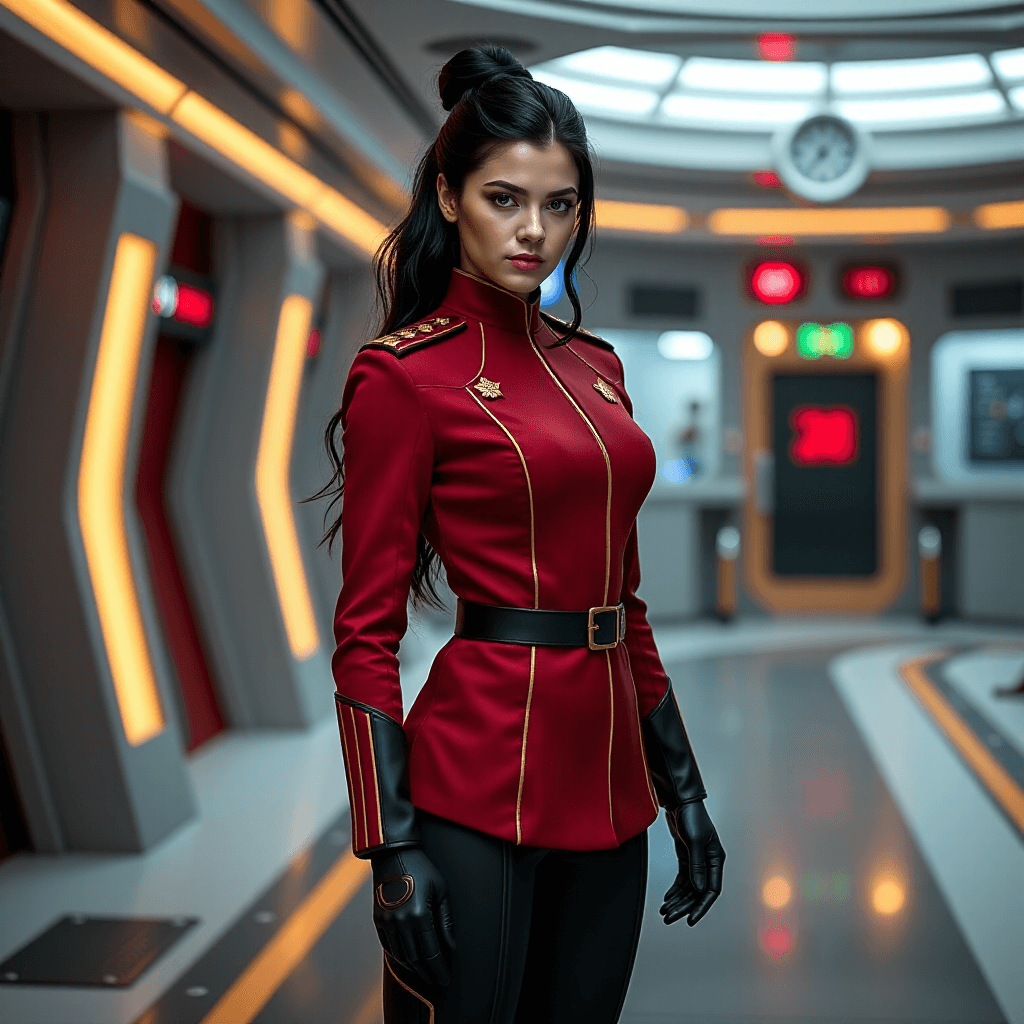 AI generated: cinematic full-body hero shot. Aetheria, now a 22-year-old junior officer, stands authoritatively on...