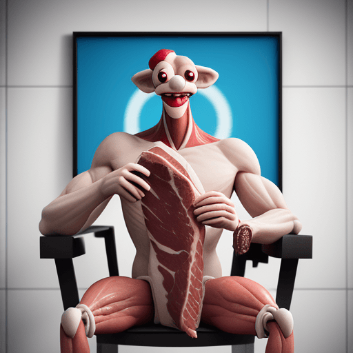 AI generated: A cartoon poster - 3D render Silly Slice of raw steak with Arms and Legs - this meat is sitting on a...