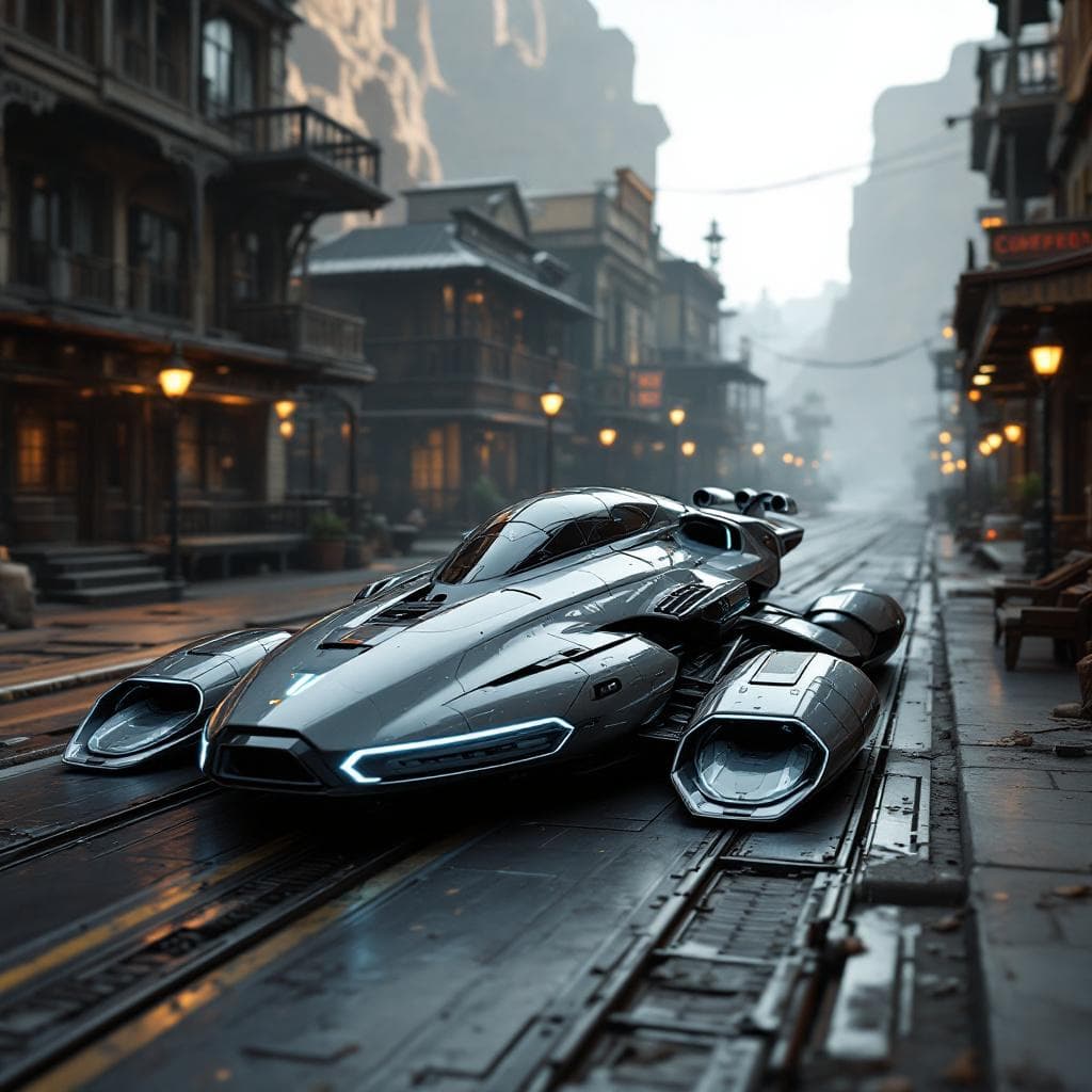 AI generated: Create a sleek, futuristic land speeder that can float across the rough terrain of the Old West. Unr...
