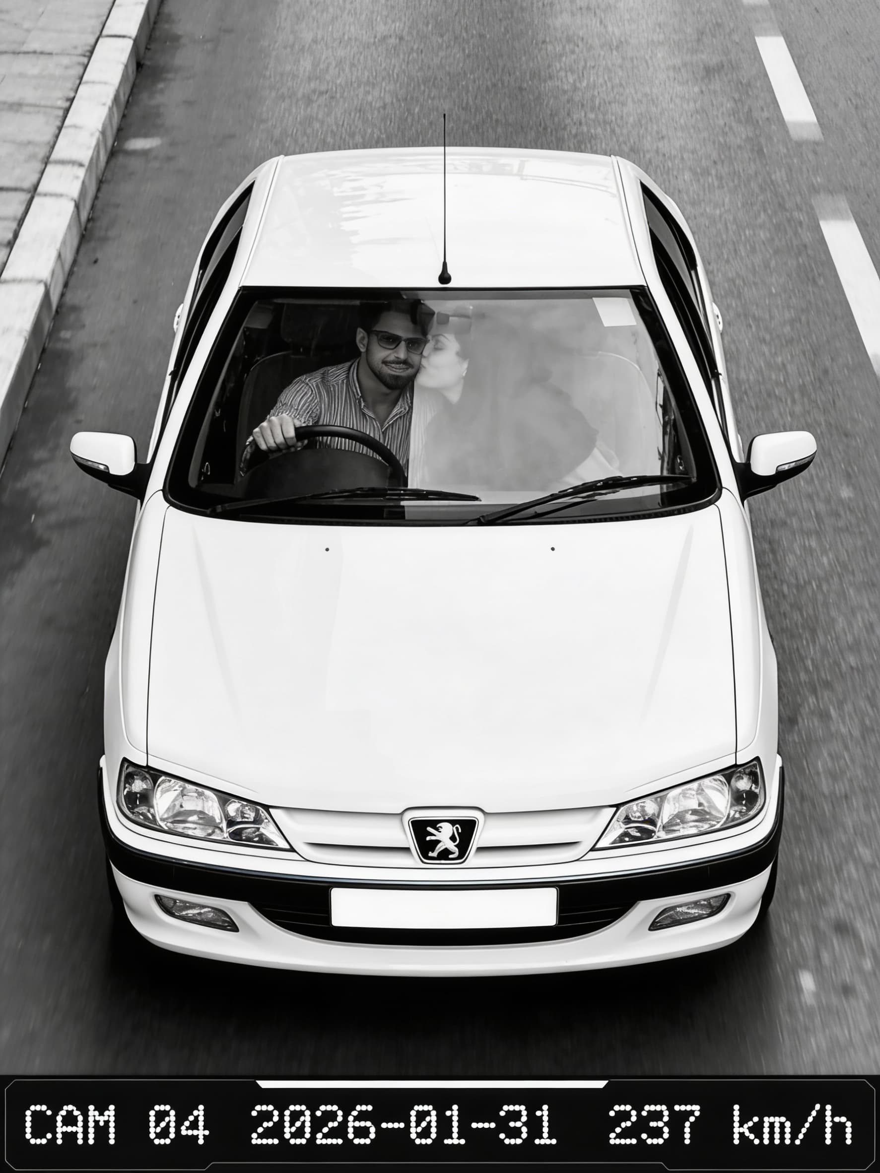 AI generated: Black-and-white photorealistic street shot in the style of a traffic surveillance camera. View stric...