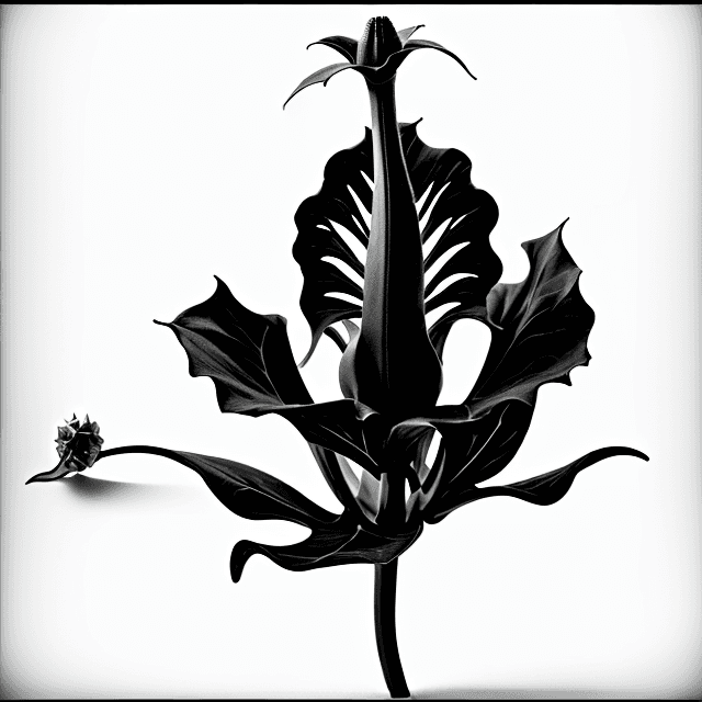 AI generated: Design of a ultra realistic datura flower with a big maggot in the flower , monochrome colors , whit...