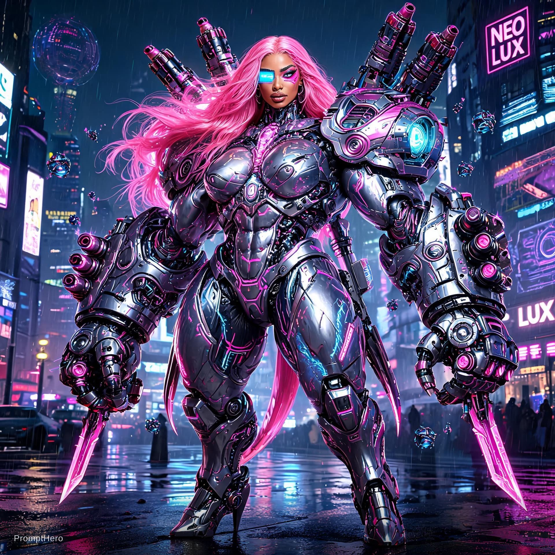 AI generated: Cyberpunk hyperpop female android inspired by Nicki Minaj, EXTREMELY muscular and massively built, f...