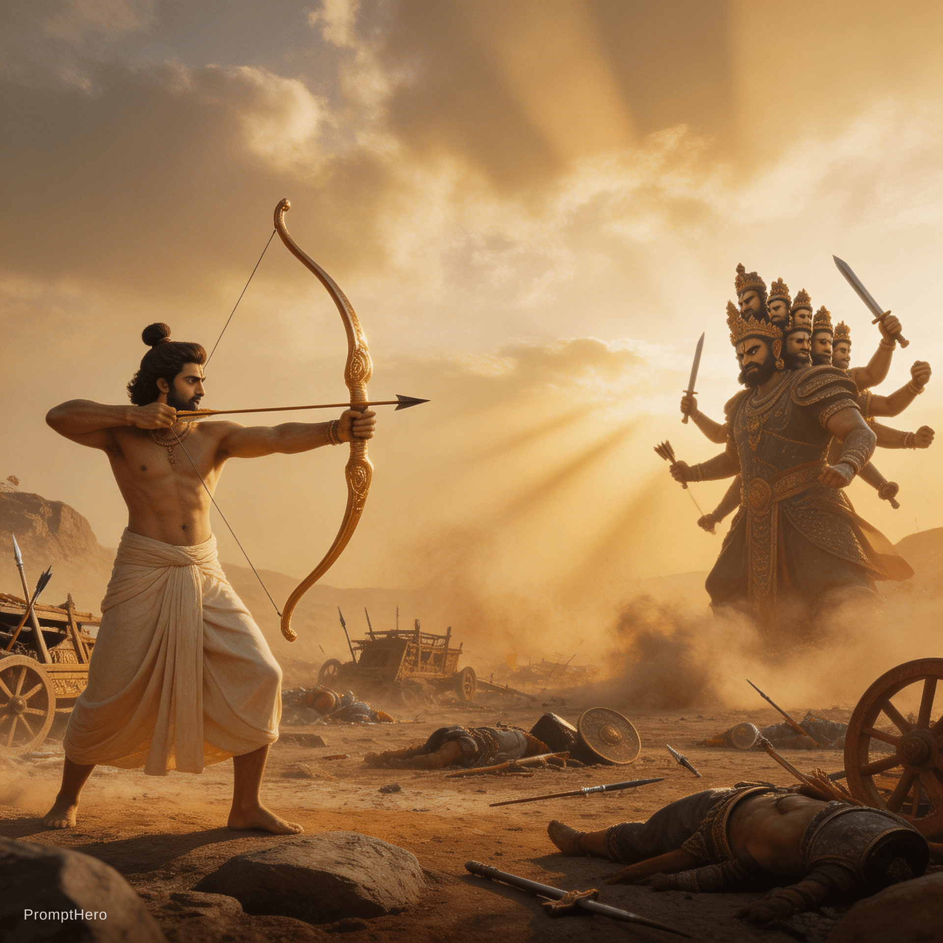 AI generated: A grand cinematic wide-angle shot of a legendary battlefield. On the far left, Lord Ram, a blend of ...