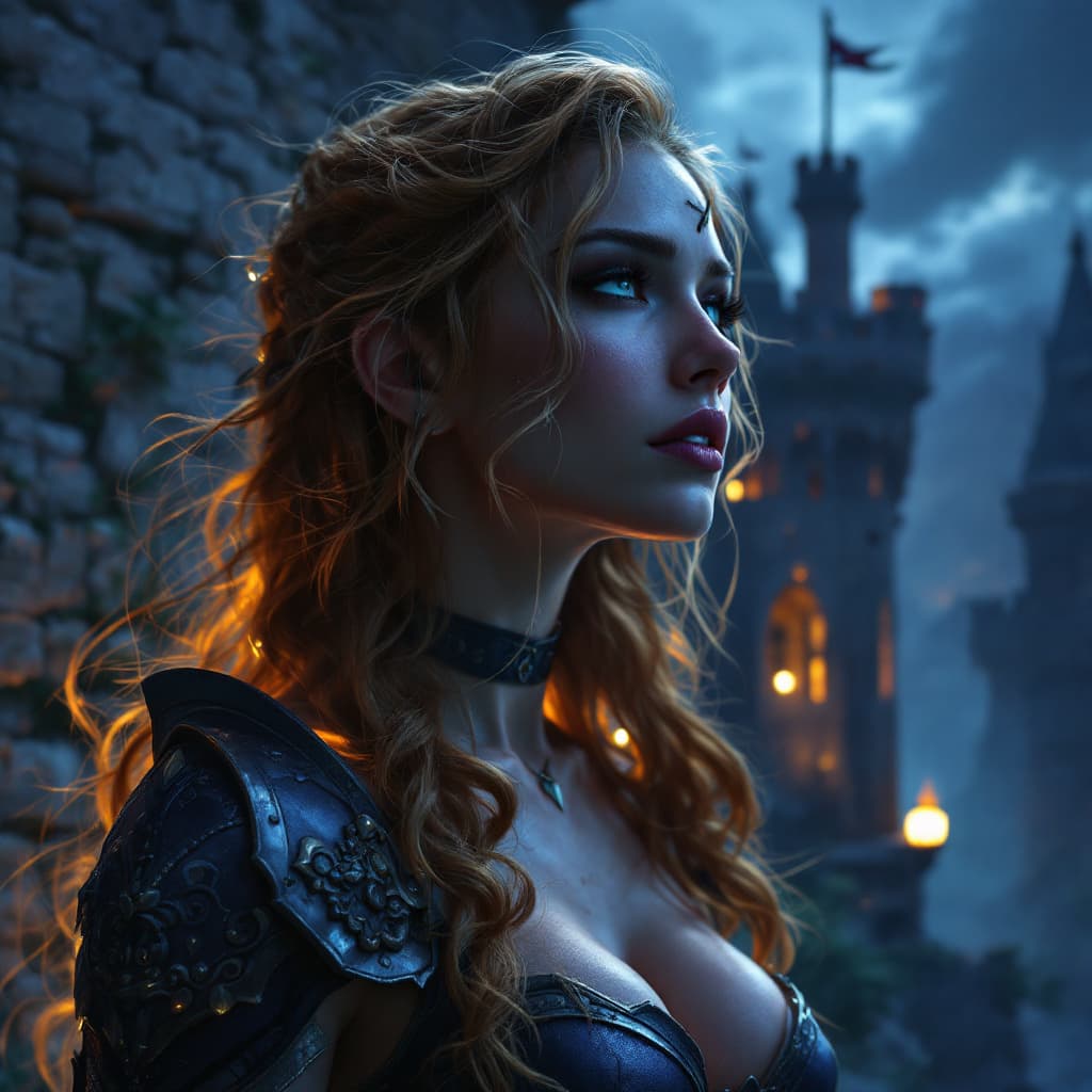 AI generated: castle wall background night, league of legend character based Leona, ultra realistic, no helmet ext...
