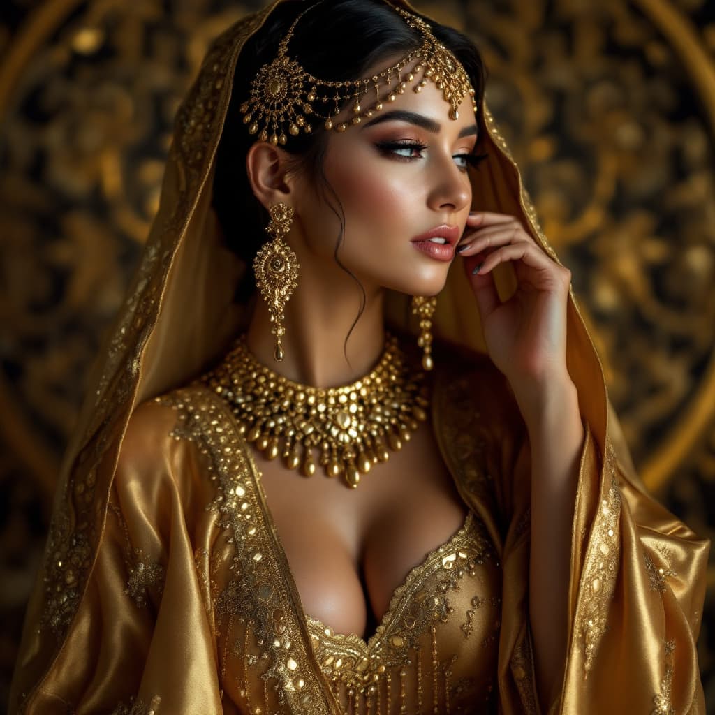 AI generated: A sensual woman A sensual woman wearing a gold dress arab traditional , gold jewelry , sexy woman we...