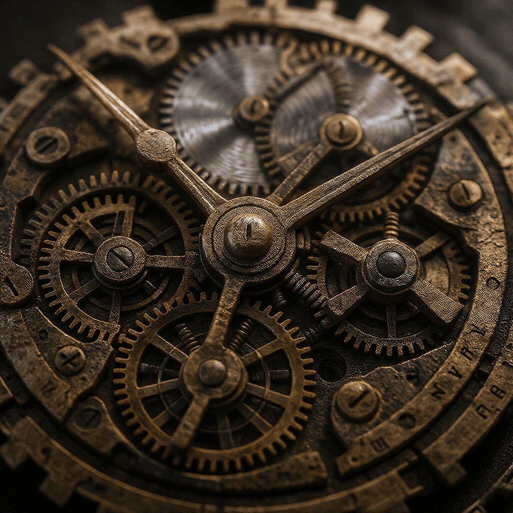 AI generated: A detailed close-up of an ancient mechanical watch’s inner workings, cogs, and springs in motion — m...