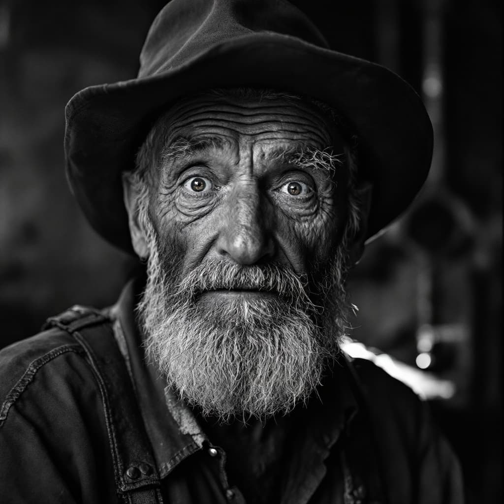 AI generated: A  black and white portrait of an old foundry worker with piercing eyes after a hard day's work, in ...