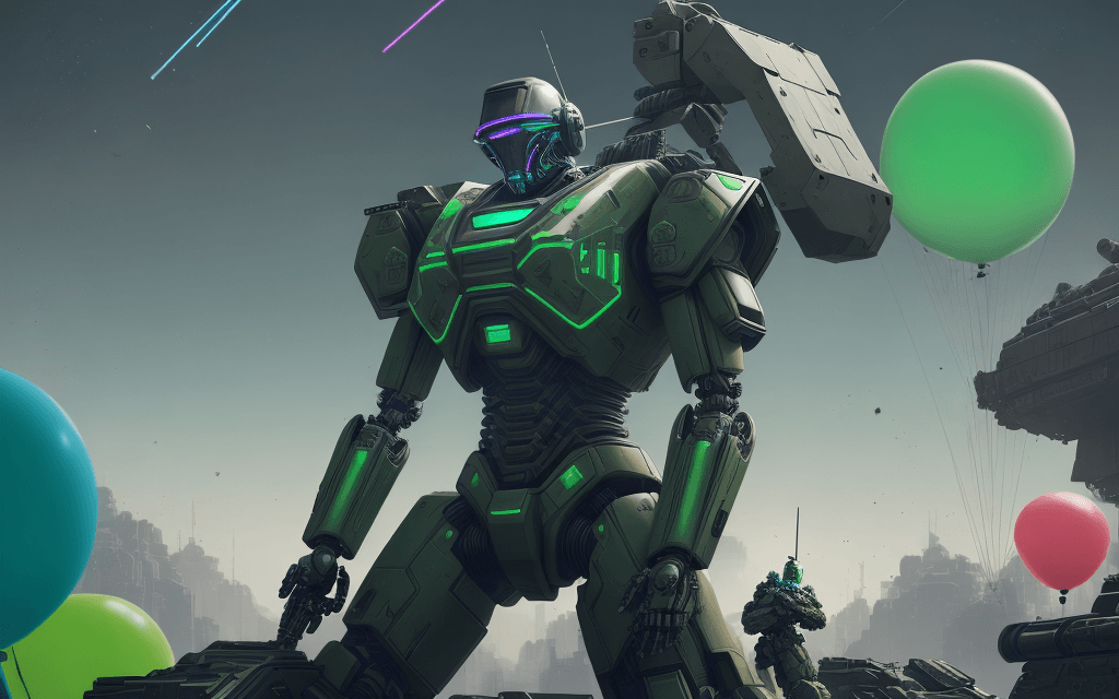 AI generated: brutal man warrior robot stands and holding a M41A Pulse Rifle in his hands, after the battle, sitti...