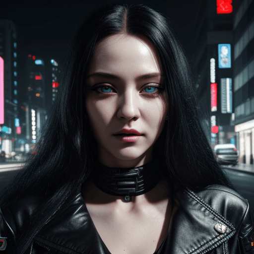 AI generated: A lady with a gorgeous face, and sleepy beautiful eyes, wearing a black jacket, long white hair, cyb...