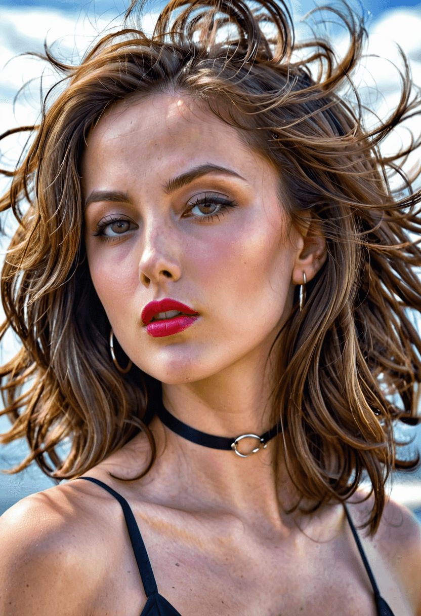 AI generated: HDR photo of beautiful glamorous woman, shoulder length brunette hair blowing in the wind, looking a...