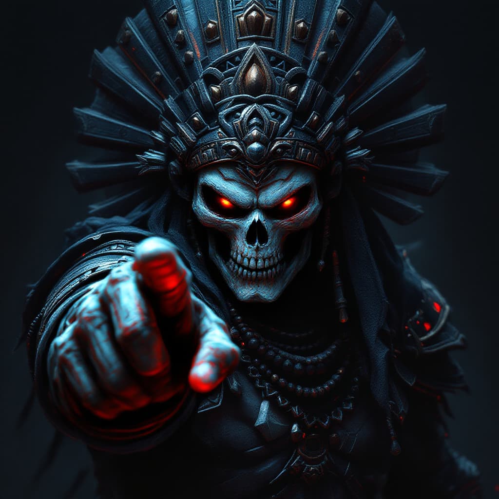 AI generated: A photorealistic digital illustration of an Aztec god with skull face, pointing at viewer and lookin...
