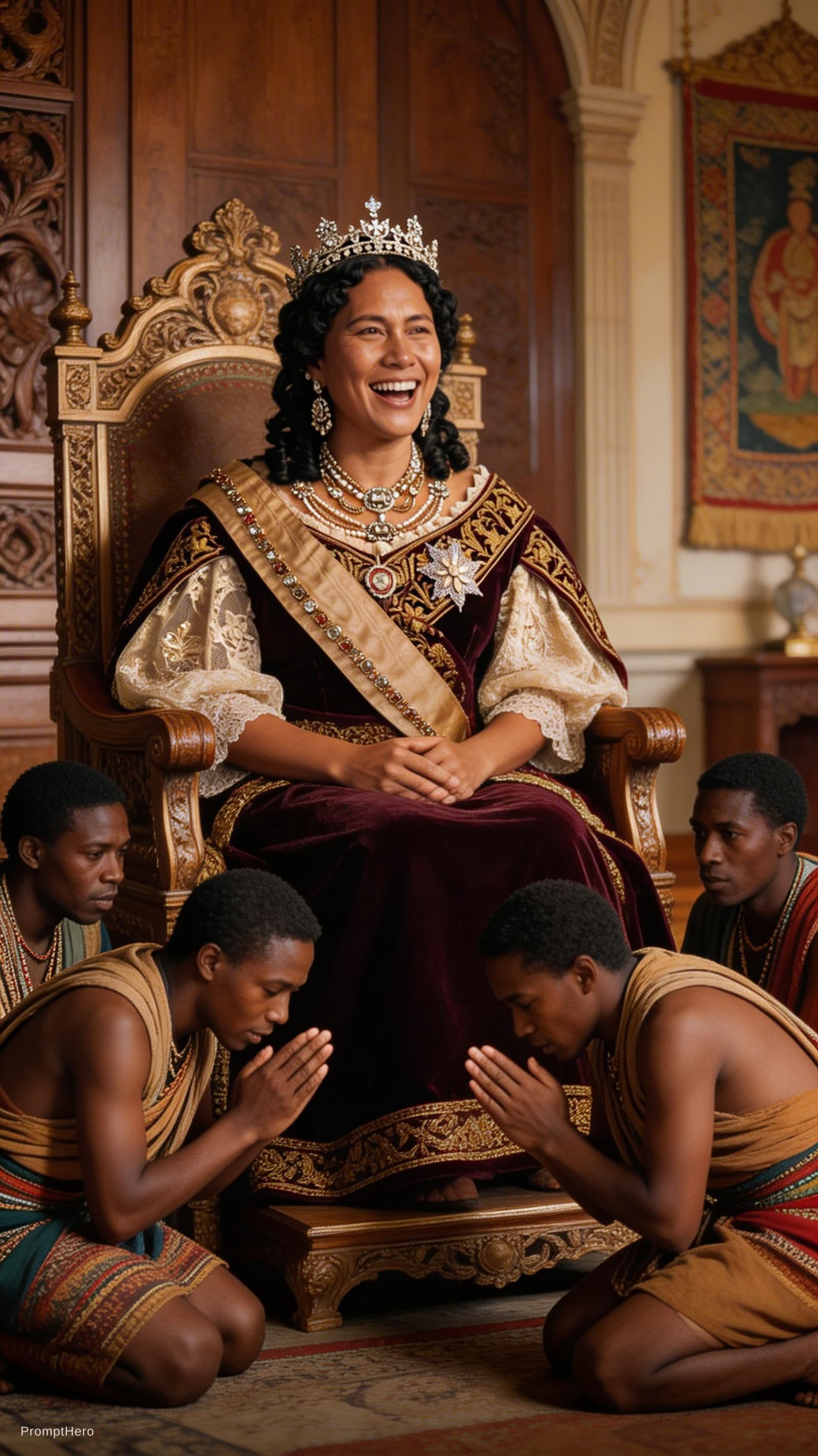 AI generated: the lady from input image 1 she laughs while she sees her african madagascar beg her on their knees ...